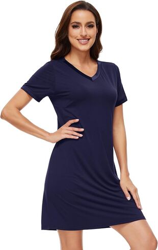 WiWi Nightgowns for Women Short Sleeve Sleepshirt Pajama Shirt Viscose from bamboo Soft Sleep Dress V-neck Nightshirt S-XXL in Saudi Arabia
