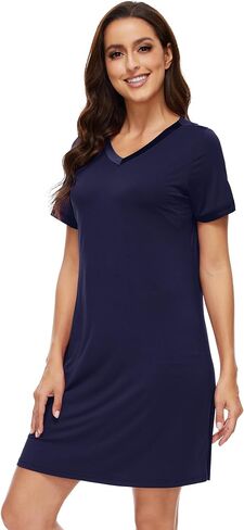 WiWi Nightgowns for Women Short Sleeve Sleepshirt Pajama Shirt Viscose from bamboo Soft Sleep Dress V-neck Nightshirt S-XXL in Saudi Arabia