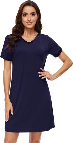 WiWi Nightgowns for Women Short Sleeve Sleepshirt Pajama Shirt Viscose from bamboo Soft Sleep Dress V-neck Nightshirt S-XXL in Saudi Arabia