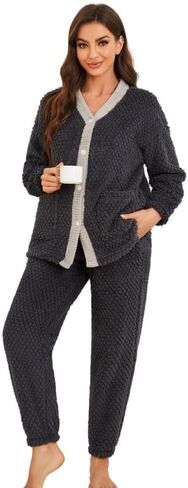Womens Warm Pajama Sets Soft Button Down Pj Sets for Women Cute Plush loungewear Long Sleeve Sleepwear 2 Piece in Kuwait