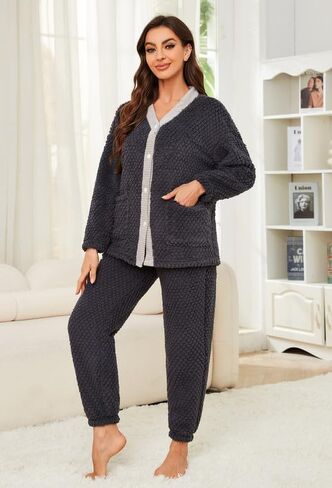 Womens Warm Pajama Sets Soft Button Down Pj Sets for Women Cute Plush loungewear Long Sleeve Sleepwear 2 Piece in Kuwait