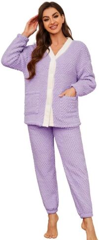 Womens Warm Pajama Sets Soft Button Down Pj Sets for Women Cute Plush loungewear Long Sleeve Sleepwear 2 Piece in Kuwait