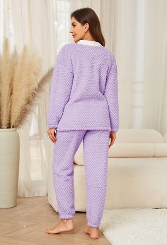 Womens Warm Pajama Sets Soft Button Down Pj Sets for Women Cute Plush loungewear Long Sleeve Sleepwear 2 Piece in Kuwait