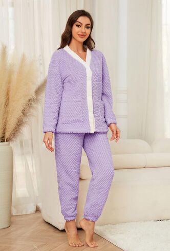 Womens Warm Pajama Sets Soft Button Down Pj Sets for Women Cute Plush loungewear Long Sleeve Sleepwear 2 Piece in Kuwait