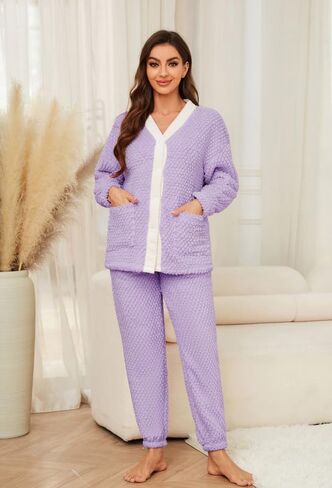 Womens Warm Pajama Sets Soft Button Down Pj Sets for Women Cute Plush loungewear Long Sleeve Sleepwear 2 Piece in Kuwait