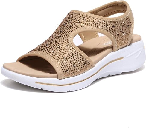 Bernal Women's Fashion Walking Sandals Comfortable Cushion Open-Toe Shoes Slip-On Platrorm Sandals with Diamonds in Kuwait