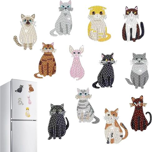Hudestail 12 pcs Cat Diamond Painting Refrigerator Magnets, DIY Crafts Diamond Art for Beginners, Diamond Magnets Fridge, Classroom Photo Displays Home Classroom Creative Decorations Mosaic Gifts in Saudi Arabia