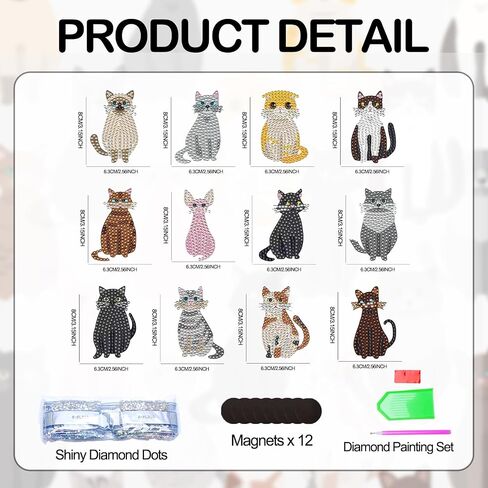 Hudestail 12 pcs Cat Diamond Painting Refrigerator Magnets, DIY Crafts Diamond Art for Beginners, Diamond Magnets Fridge, Classroom Photo Displays Home Classroom Creative Decorations Mosaic Gifts in Saudi Arabia