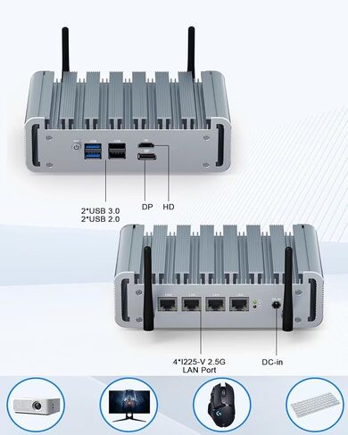 VENOEN Fanless N100 Mini PC 2.5Gbe 4 LAN Port, Firewall Appliance Router PC, i225 NICs, Alder Lake, 8GB DDR5 RAM 128GB SSD, HD, DP, WiFi, SIM Card Slot, Auto Power On, W 11 / Firewall Software in Saudi Arabia