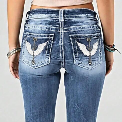 High Waisted Bell Bottom Jeans for Women Embroidered Stretch Flare Jeans Blue Wide Leg Jeans in Saudi Arabia