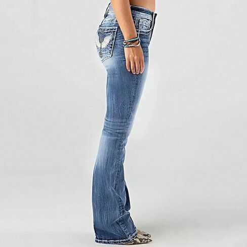 High Waisted Bell Bottom Jeans for Women Embroidered Stretch Flare Jeans Blue Wide Leg Jeans in Saudi Arabia