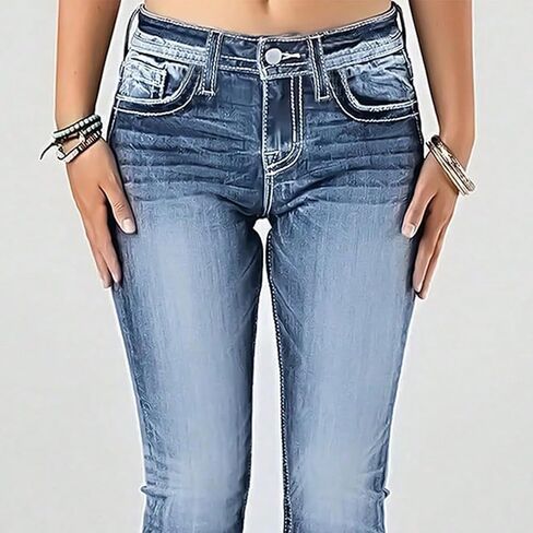 High Waisted Bell Bottom Jeans for Women Embroidered Stretch Flare Jeans Blue Wide Leg Jeans in Saudi Arabia