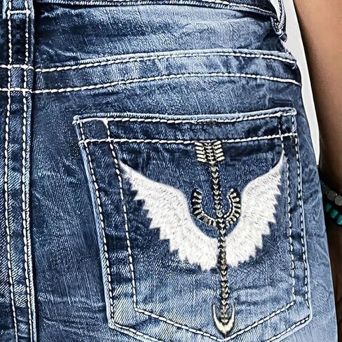 High Waisted Bell Bottom Jeans for Women Embroidered Stretch Flare Jeans Blue Wide Leg Jeans in Saudi Arabia