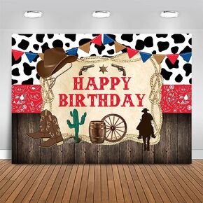Mocsicka Western Cowboy Happy Birthday Backdrop Rustic Old West Rodeo Cowboy Background Red Bandana and Rustic Wood Kids Birthday Party Decoration Banner (6x4ft (72x48 inch))
