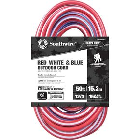 Southwire Heavy Duty Extension Cord, 50Ft, 12 Gauge, 3 Conductor, Outdoor Cord, Lighted End, SJTW, Red/White/Blue, 2548SWUSA1