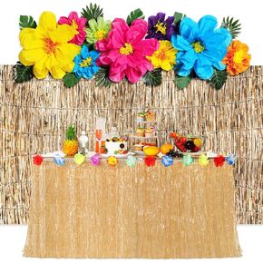 23 Pcs Hawaiian Luau Beach Party Decoration Set, Include Grass Table Skirt Paper Flowers Backdrop 71 x 43 Inch Hawaiian Backdrop 3D Hibiscus Palm Leaves for Aloha Luau Party Supplies