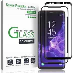 amFilm (2 Pack Glass Screen Protector for Samsung Galaxy S9+ Plus, 3D Curved Tempered Glass, Dot Matrix with Easy Installation Tray, Case Friendly (Black)