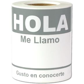 Spanish Name Tags (4 x 2.3 inch, Grey - 300 Labels) Hola, Me Llamo Badges Stickers for Events, Reunions & Meet and Greets - Fabric Safe
