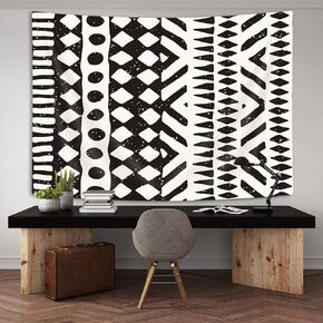African Mud Cloth Tapestry Wall Hanging Art, Black and White Tribal Afrocentric Ethnic Bohemian Motif with Geometric Elements Wall Decor Tapestries for Bedroom Living Room Dorm Office Party