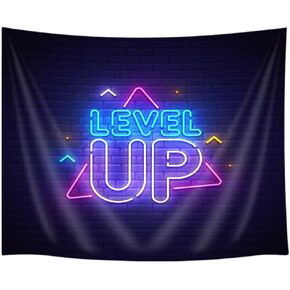 JAWO Game Tapestry, Level Up Neon Sign Tapestry for Boys Bedroom Gamer Room, Blacklight Fabric Tapestry Wall Hanging for Bedroom Living Room Dorm Teens Room 71X60Inches