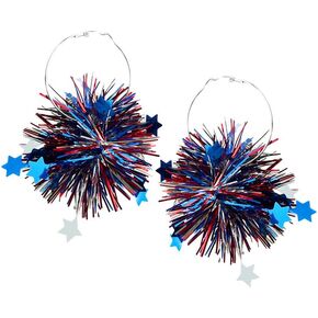 Metallic Glitter 4th of July Independence Day Patriotic Earrings Large Hoop Earrings Cheerleader Pom Poms Ball Fireworks American Flag Earrings For Women Girls Jewelry