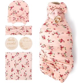 BQUBO Baby Girl Newborn Floral Receiving Blankets with Bow Hat Headband Wooden Birth Announcement Card Set Newborn Baby Swaddling Hats Sleepsack Toddler Warm Shower Gift