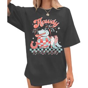 Howdy American Western Shirt Red White Blue Graphic 4th of July Shirt Oversized Tee Tops