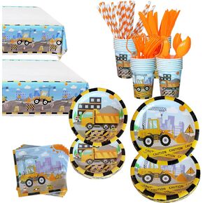 Construction Birthday Party Supplies, Truck Party Decorations Kits Set -Included Tablecover, Plate, Cups, Spoons, Fork, Straws, Napkins, Serves 20 Guests For Kids Birthday Party