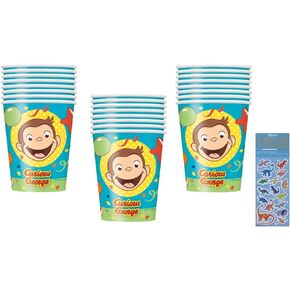 Unique Curious George Birthday Baby Party Supplies Bundle Pack includes 24 Party Paper Cups and 1 Dinosaur Sticker Sheet
