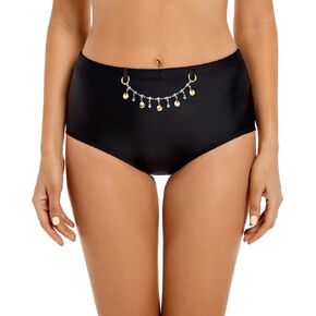 Womens High Waisted Bikini Bottoms Tummy Control Full Coverage Bathing Suit Swim Bottom with Paperclip Chain M