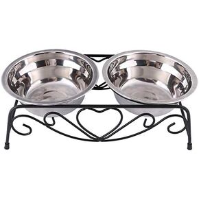 Double Dog Cat Food Water Bowls, Stainless Steel Raised Pet Bowls 10.2" x 5.5" x 3.3" Food Water Feeder Dish Retro Iron Elevated Stand for Pet