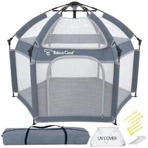 Baby Playpen with Canopy, Portable Indoor & Outdoor for baby and Toddler, Foldable Pop up Playpen, Play Yard with Travel Bag, 6 Ground Stakes, 6 Sand Stakes