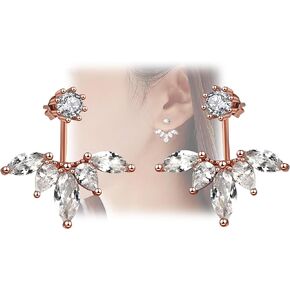 Rose Gold Leaf with Cz Crystal Ear Cuff Jacket Front Back Stud Earring for Woman Girls