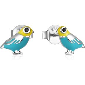 Kokoma Cute Bird Tiny Stud Earrings for Women Girls Sterling Silver CZ Crystal Enamel Animal Cartilage Earrings Traugs Piercing Studs Dainty Hypoallergenic Ear Jewelry