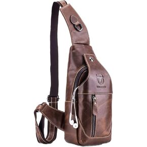 BULLCAPTAIN Leather Men's Sling Backpack Multi-pocket Crossbody Chest Bags Travel Casual Backpack with Earphone Hole (Brown)