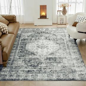 3x5 Area Rug, Washable Rug for Living Room Entryway Bedroom Kitchen, Vintage Medallion Rug with Non-Slip Backing, Ultra-Thin Low Pile Boho Farmhouse Rug for Home Decor, Black