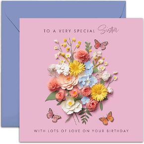 Old English Co. Special Sister Birthday Card for Her - Pink Flower Butterfly Artwork Birthday Card for Sister from Brother, Sibling - Cute Sister Birthday Card | Blank Inside Envelope