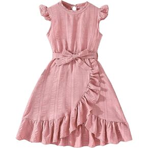 SweatyRocks Girl's Ruffle Trim Wrap Dress Cap Sleeve High Waist A Line Dresses