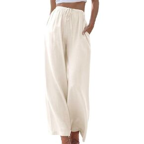 Duyang Womens Cotton Linen Palazzo Pants Drawstring Elastic Waist Casual Wide Leg Trousers with Pockets