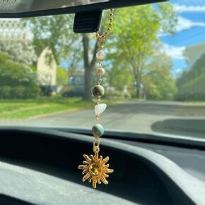Sun Hanging Car Charm,Green and Gold Rear View Mirror Accessories Cute Boho Dangling Sun Car Decor Handmade Healing Crystals Stones Ornament Gifts for Women Men (Green)