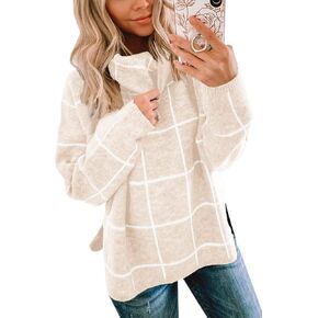 ECOWISH Women Pullover Sweater Turtleneck Plaid Long Sleeve Loose Casual Chunky Checked Knitted Winter Sweaters Jumper Tops