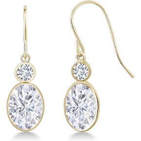 14K Yellow Gold White Moissanite from Charles & Colvard and White Lab Grown Diamond Hook French Fish Ear Wire Dangle Earrings For Women (3.20 Cttw, Gemstone, Oval 8X6MM, Round 3MM)