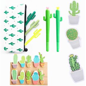JeVenis 19 Pcs Cactus Ballpoint Pen Cactus Black Ink Writing Pens with Cactus Pencil Pouch Cactus Clip Cactus Notes Sticker for Office Home Supply Gift