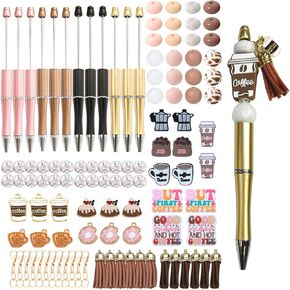 KnvsS Coffee Themed Beadable Pens Bulk Bead Pens with Assorted Colors Beads Pen DIY Making Kit Multicolor Ballpoint Pen Black Ink for Women Office School