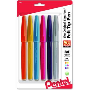 Pentel Arts Sign Pen Brush Tip, Assorted Ink, 6-Pk (S520RBP6M)