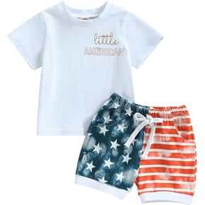 LIN&BABAY Infant Baby Boy 4th of July Outfits Short Sleeve T-shirts Tops American Flag Shorts 2 Pcs Independence Day Clothes