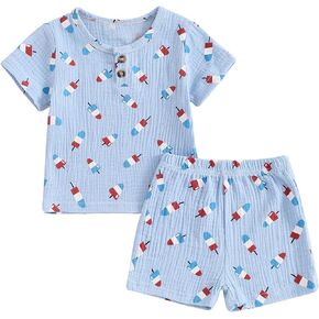 4th of July Baby Boy Girl Outfit Stars Ice Cream Short Sleeve Shirt Shorts Set Toddler Fourth of July Clothes