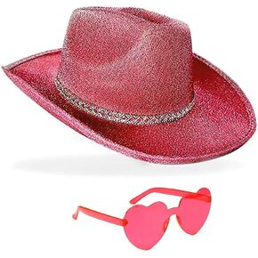 DAJOOEE Cowgirl Hat with Heart Sunglasses Glitter Cowboy Hat for Women & Girls Cosplay Bachelor Party Costume Hats