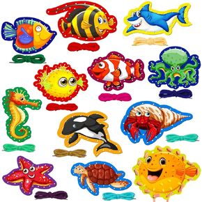 ZAUGONTW 12 Pcs Lacing Cards for Kids, Sea Animals Sewing Cards with 12 Colorful Laces, Thicken Double Sided Lacing Playing Games for Children Developing Imagination Education Supplies