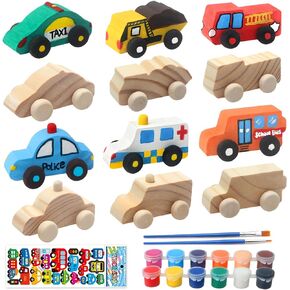 Wooden Cars to Paint for Kids,Come with 12pcs DIY Wooden Cars for 12pcs of Color Pigments and 1pcs Car Styling Sticker
